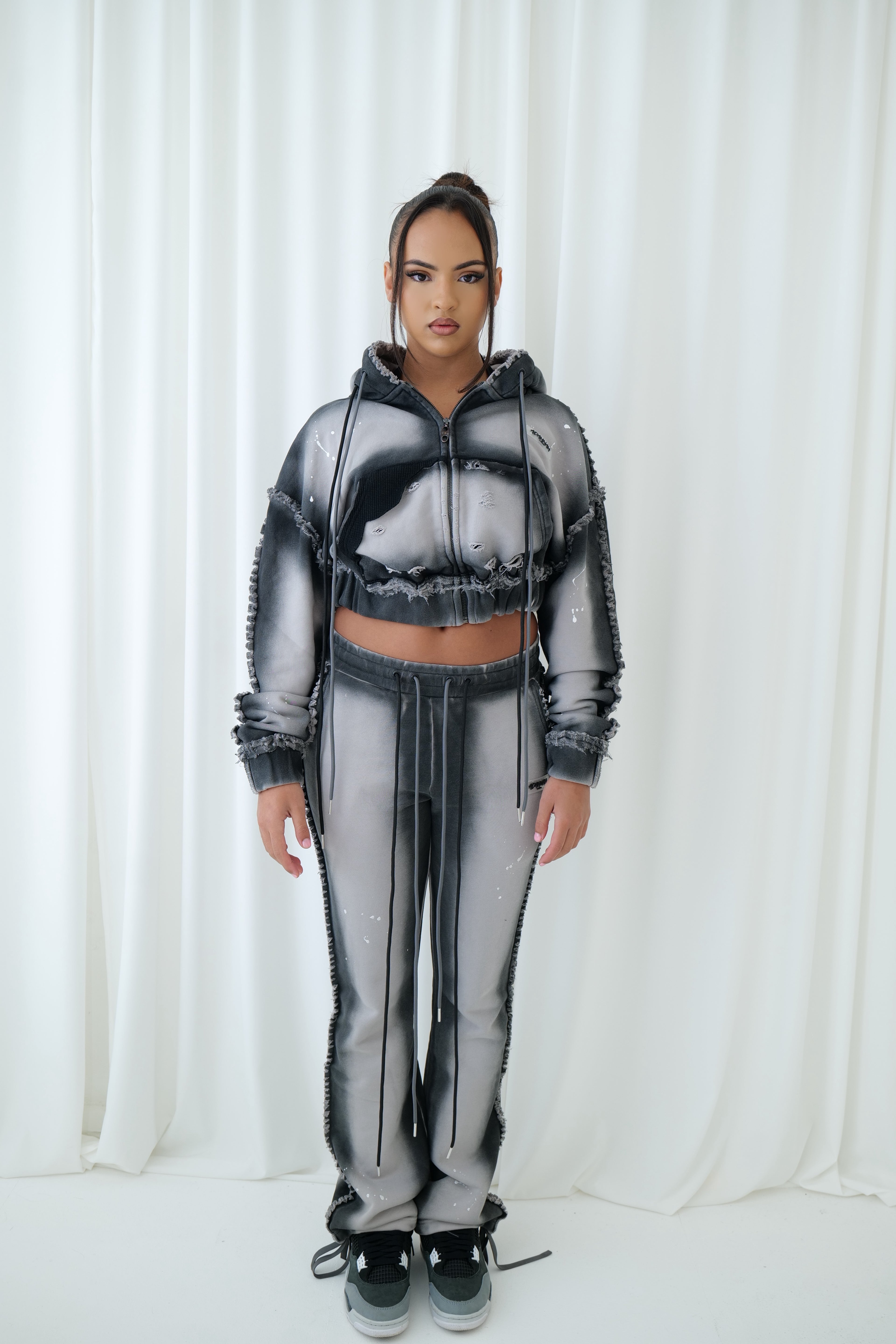 Distressed Drawstring Track Bottoms