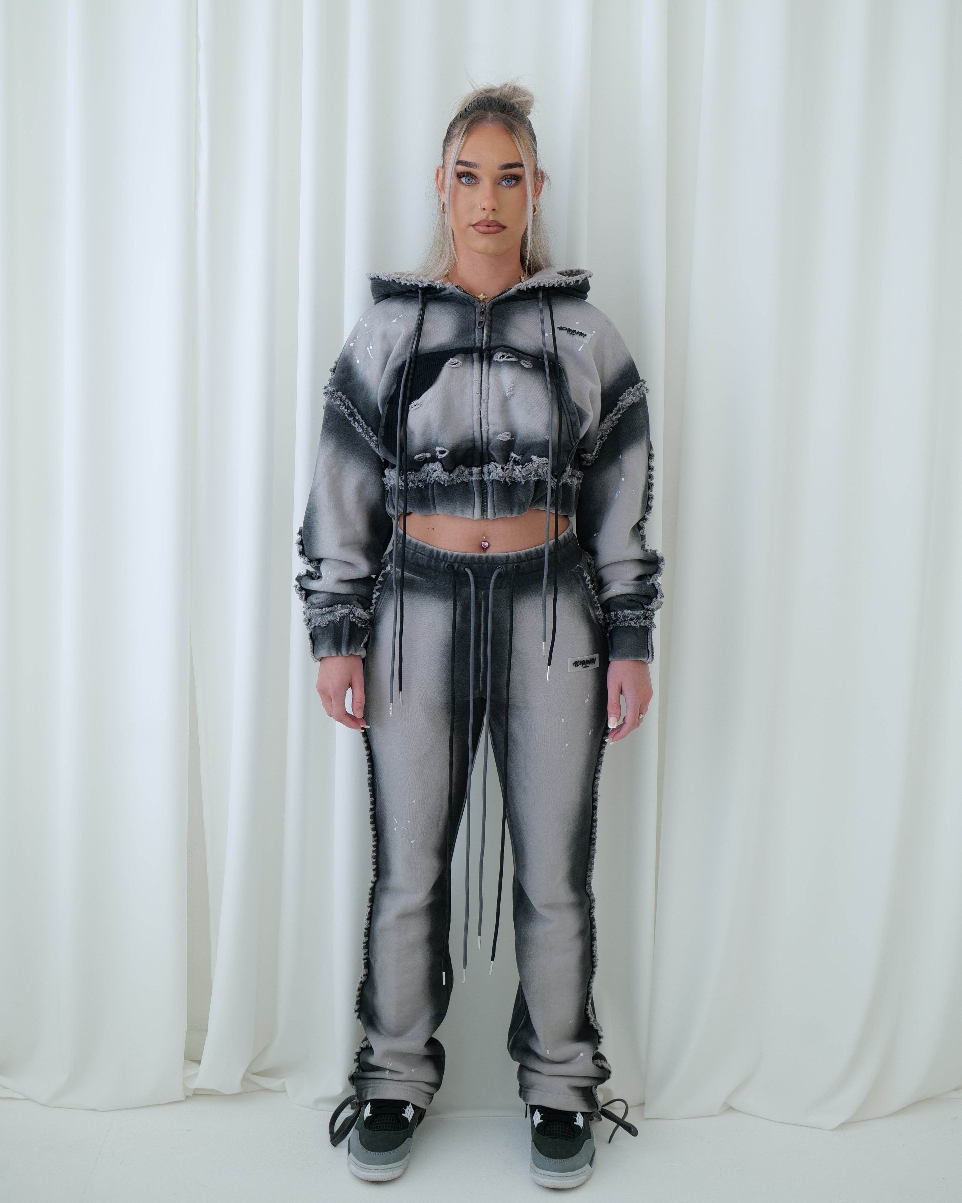 Distressed Drawstring Track Bottoms